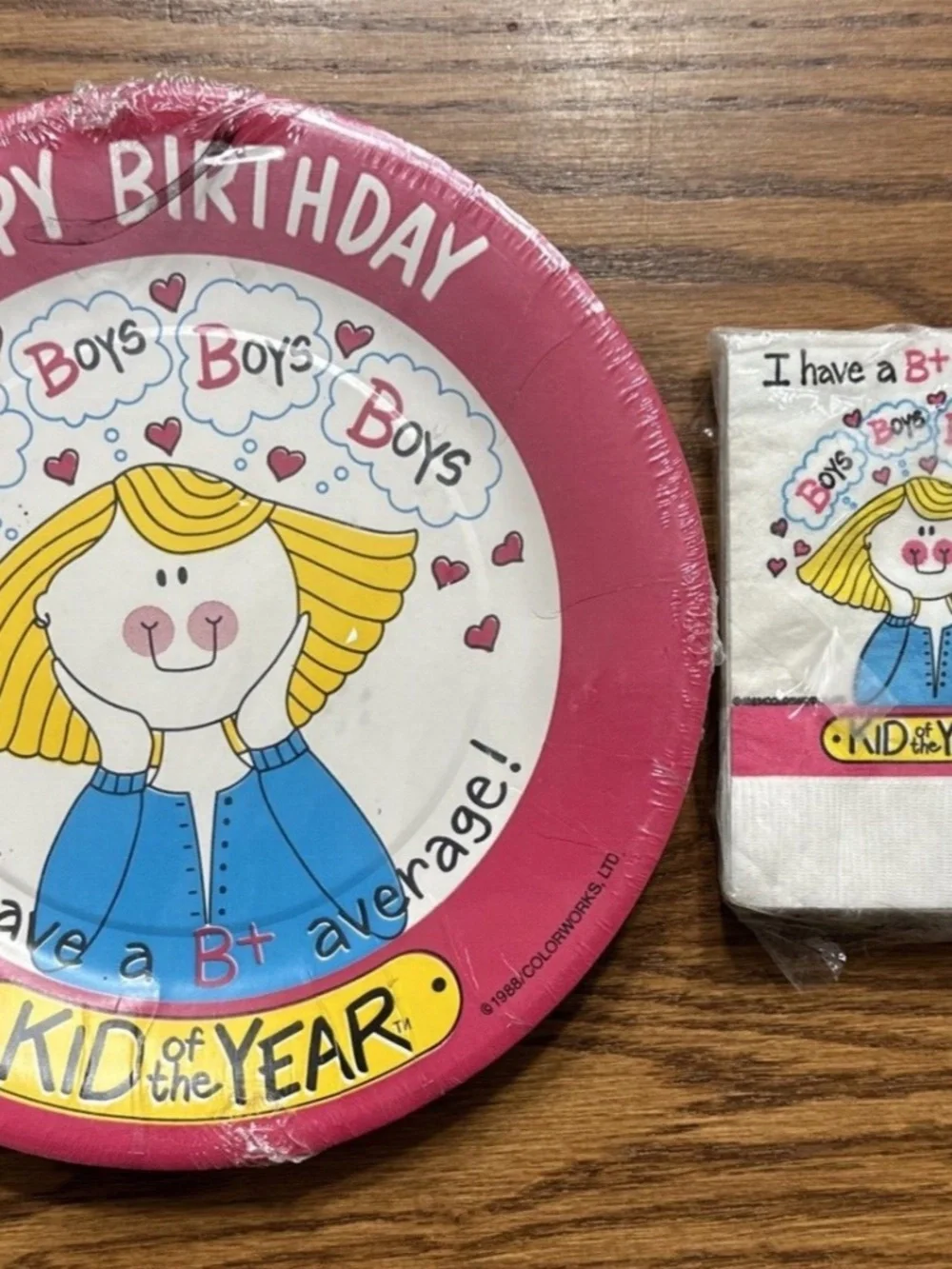 VTG 1988 Paper Art KID of the YEAR HAPPY BIRTHDAY PARTY plates napkins Boy Crazy